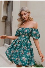 Fall Fast Green Bardot Floral Print Dress - Fashion Genie Boutique