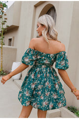 Fall Fast Green Bardot Floral Print Dress - Fashion Genie Boutique
