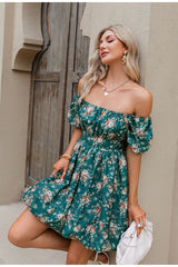 Fall Fast Green Bardot Floral Print Dress - Fashion Genie Boutique