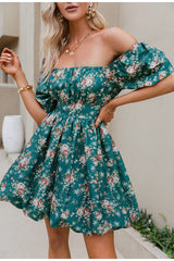 Fall Fast Green Bardot Floral Print Dress - Fashion Genie Boutique