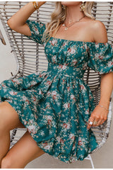 Fall Fast Green Bardot Floral Print Dress - Fashion Genie Boutique