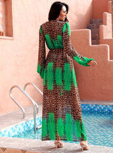 Delaney Green Leopard Long Sleeve Kaftan Maxi Dress - Fashion Genie Boutique