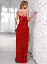 Cosmic Cutie Red Velvet Strapless Sequin Split Maxi Dress - Fashion Genie Boutique