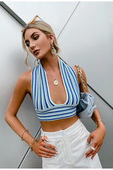 Close To Perfect Blue Stripe Halter Crop Top - Fashion Genie Boutique