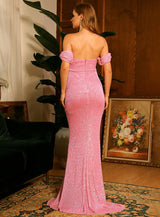 Shimmer Here Pink Bardot Sequin Maxi Dress - Fashion Genie Boutique