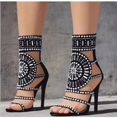 Out All Night Black Rhinestone Embellished Gladiator Heels - Fashion Genie Boutique