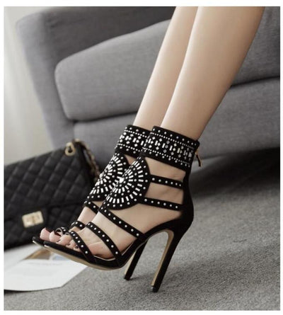 Out All Night Black Rhinestone Embellished Gladiator Heels - Fashion Genie Boutique