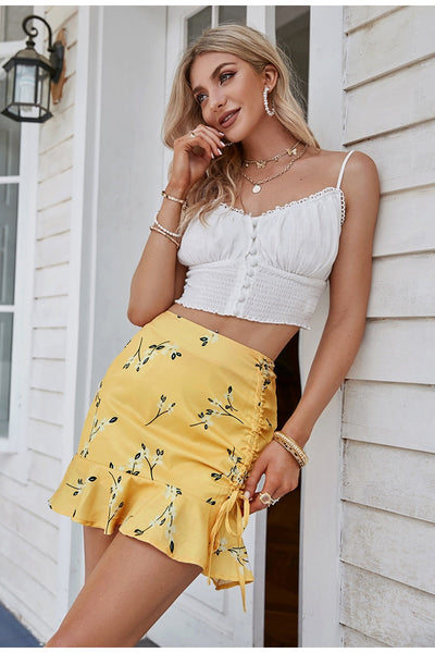 Last Chance Yellow Floral Ruffle Mini Skirt - Fashion Genie Boutique