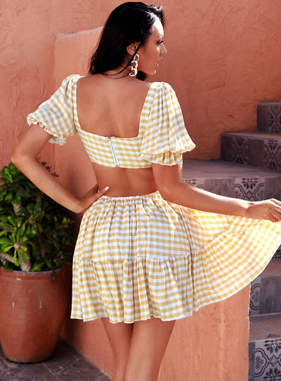 Angie Yellow Checked Ruffle Mini Dress - Fashion Genie Boutique