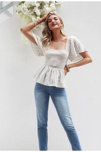 Charming White Stripe Peplum Top - Fashion Genie Boutique