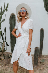 Elegant White Wrap Midi Dress - Fashion Genie Boutique