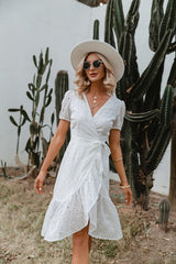 Elegant White Wrap Midi Dress - Fashion Genie Boutique