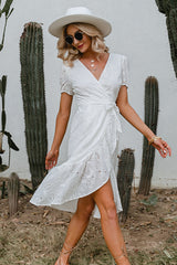 Elegant White Wrap Midi Dress - Fashion Genie Boutique