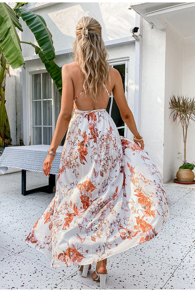 Elise White Floral Print Maxi Split Dress - Fashion Genie Boutique