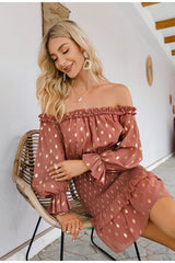 Fancy Flair Salmon Bardot Polka Long Sleeve Mini Dress - Fashion Genie Boutique