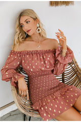 Fancy Flair Salmon Bardot Polka Long Sleeve Mini Dress - Fashion Genie Boutique