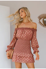 Fancy Flair Salmon Bardot Polka Long Sleeve Mini Dress - Fashion Genie Boutique