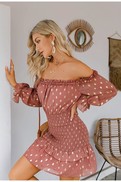 Fancy Flair Salmon Bardot Polka Long Sleeve Mini Dress - Fashion Genie Boutique