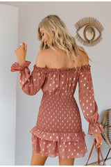 Fancy Flair Salmon Bardot Polka Long Sleeve Mini Dress - Fashion Genie Boutique
