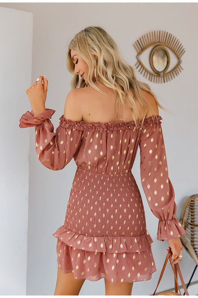 Fancy Flair Salmon Bardot Polka Long Sleeve Mini Dress - Fashion Genie Boutique