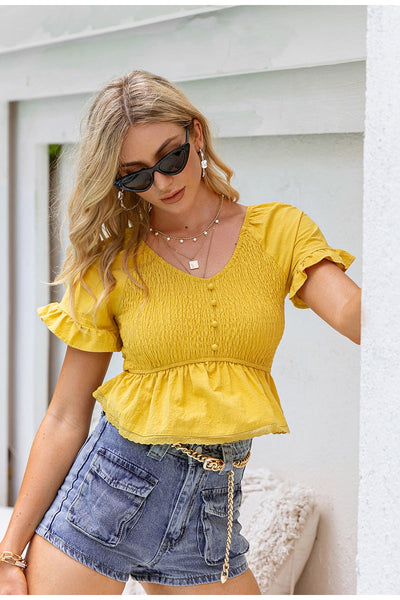 Your Woman Yellow Ruffle Peplum Top - Fashion Genie Boutique