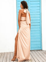 Rosalyn Beige Halter Top & Wrap Skirt Co-Ord - Fashion Genie Boutique