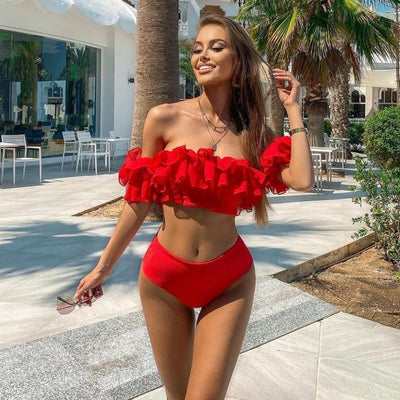 Athena Red Ruffle Bardot Bikini Swimsuit - Fashion Genie Boutique