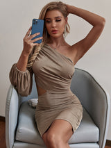 Exposed Tan Long One Sleeve Mini Dress - Fashion Genie Boutique