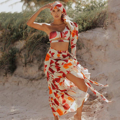 Alicia Orange Asymmetrical Bikini & Sarong Skirt - Fashion Genie Boutique