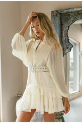 Maisey Beige Long Sleeve Ruffle Mini Dress - Fashion Genie Boutique
