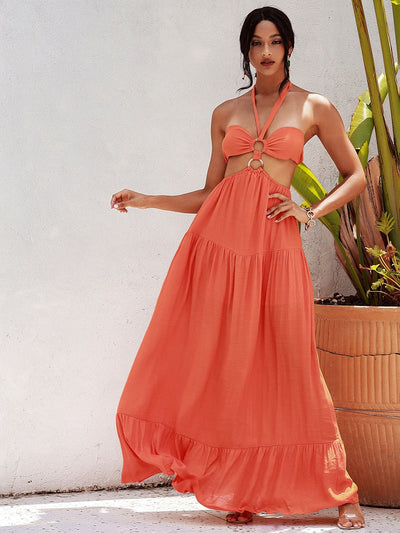 Angila Orange Halter Cut Out Maxi Dress - Fashion Genie Boutique