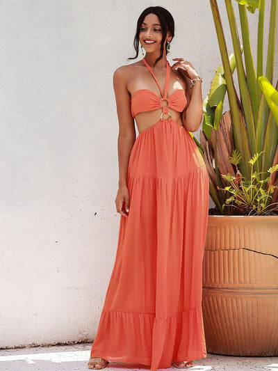 Angila Orange Halter Cut Out Maxi Dress - Fashion Genie Boutique