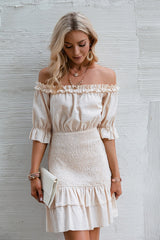 Love It Up Beige Bardot Ruffle Mini Dress - Fashion Genie Boutique