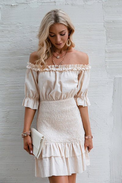 Love It Up Beige Bardot Ruffle Mini Dress - Fashion Genie Boutique