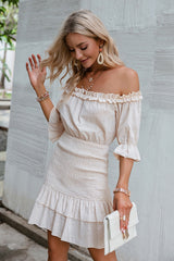 Love It Up Beige Bardot Ruffle Mini Dress - Fashion Genie Boutique