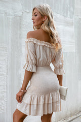 Love It Up Beige Bardot Ruffle Mini Dress - Fashion Genie Boutique