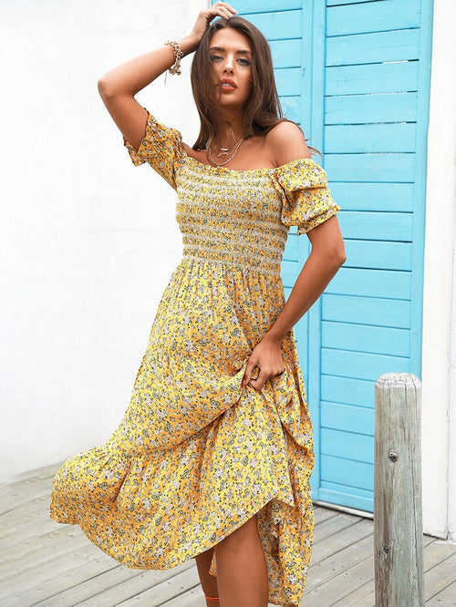Falling Hard Yellow Bardot Floral Print Midi Dress - Fashion Genie Boutique