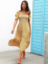 Falling Hard Yellow Bardot Floral Print Midi Dress - Fashion Genie Boutique