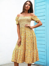 Falling Hard Yellow Bardot Floral Print Midi Dress - Fashion Genie Boutique
