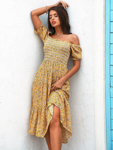 Falling Hard Yellow Bardot Floral Print Midi Dress - Fashion Genie Boutique