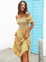 Falling Hard Yellow Bardot Floral Print Midi Dress - Fashion Genie Boutique