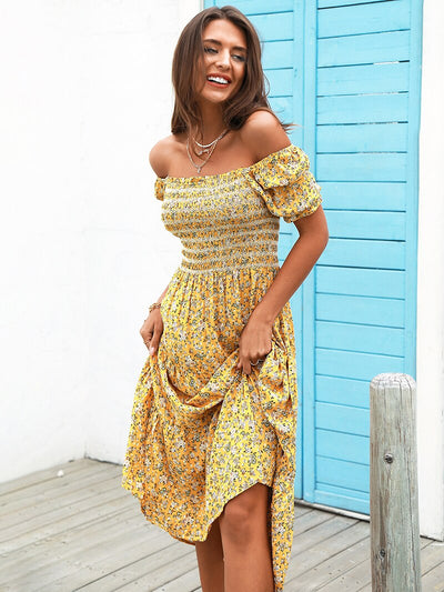 Falling Hard Yellow Bardot Floral Print Midi Dress - Fashion Genie Boutique