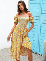 Falling Hard Yellow Bardot Floral Print Midi Dress - Fashion Genie Boutique