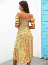 Falling Hard Yellow Bardot Floral Print Midi Dress - Fashion Genie Boutique