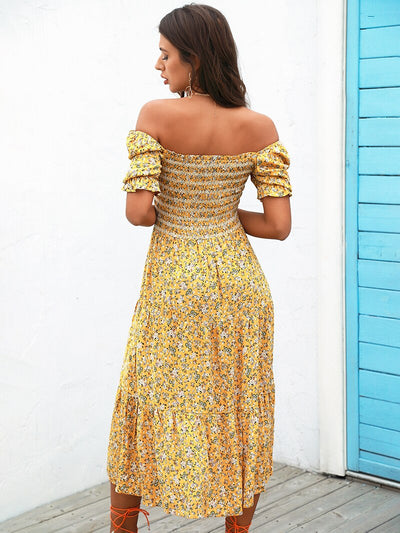 Falling Hard Yellow Bardot Floral Print Midi Dress - Fashion Genie Boutique