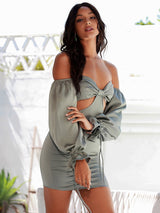 In The Night Green Bardot Long Sleeve Mini Dress - Fashion Genie Boutique