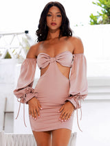 In The Night Pink Bardot Long Sleeve Mini Dress - Fashion Genie Boutique