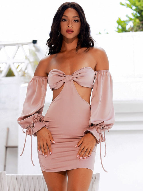 In The Night Pink Bardot Long Sleeve Mini Dress - Fashion Genie Boutique
