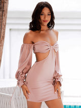 In The Night Pink Bardot Long Sleeve Mini Dress - Fashion Genie Boutique
