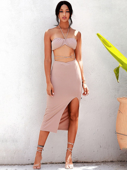 Seeking Love Nude Crop Top & Midi Skirt Co-Ord - Fashion Genie Boutique